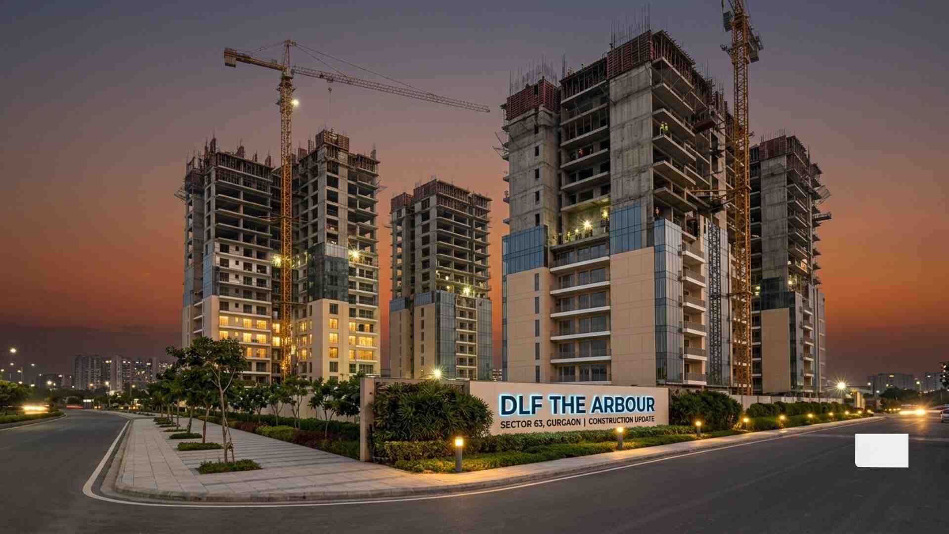 DLF The Arbour Sector 63 Gurgaon tall residential towers under construction with cranes at sunset